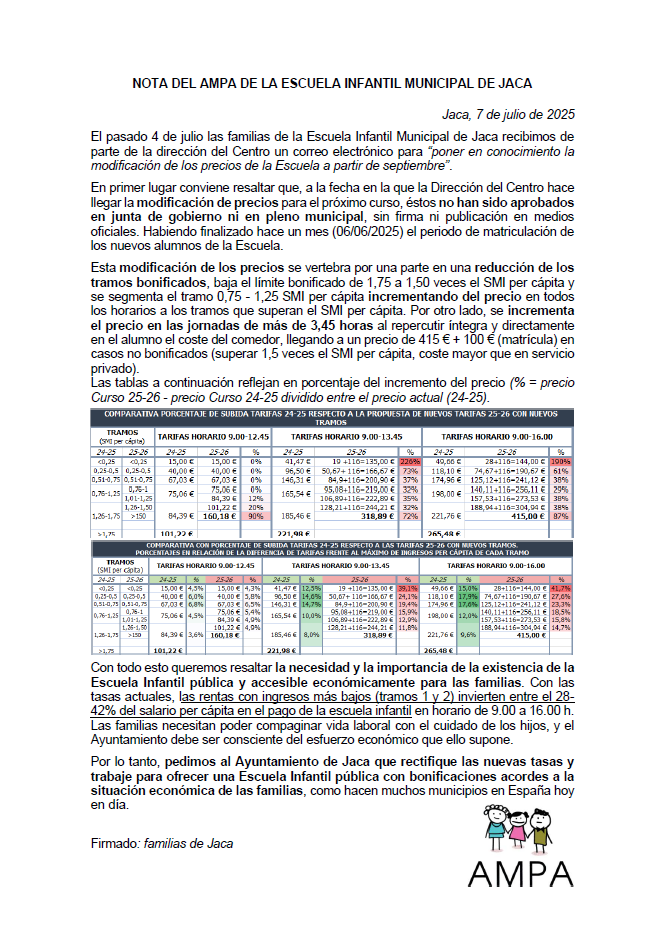 Precios difundidos por el AMPA de la Escuela Infantil Cervatillos de Jaca