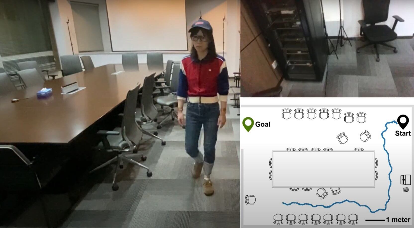 Una de las pruebas del sistema en la una persona rodea una mesa de reuniones sin chocar con las sillas.