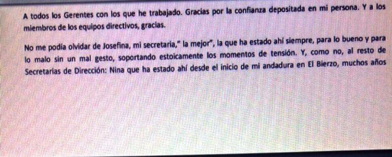 Este es parte del escrito de despedida que ha remitido la directora de Gestión a los trabajadores