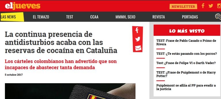 Captura de pantalla con la información publicada por la revista satírica de &#039;El Jueves&#039;. 