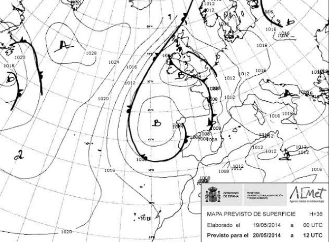 Mapa de isobaras facilitado por la Agencia Estatal de Meteorología (Aemet) previsto para el 20/05/2014.