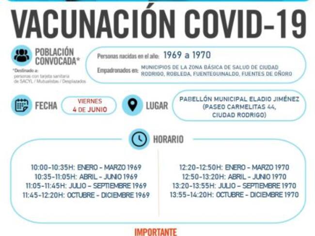 Información sobre la vacunación del 4 de junio en Ciudad Rodrigo