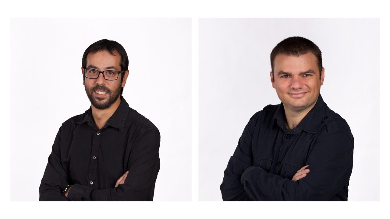 Els conductors dels programes Aquí Andorra, Arnald Sanllehy (e) i Aquí Esports, Albert Sanjuan (d).