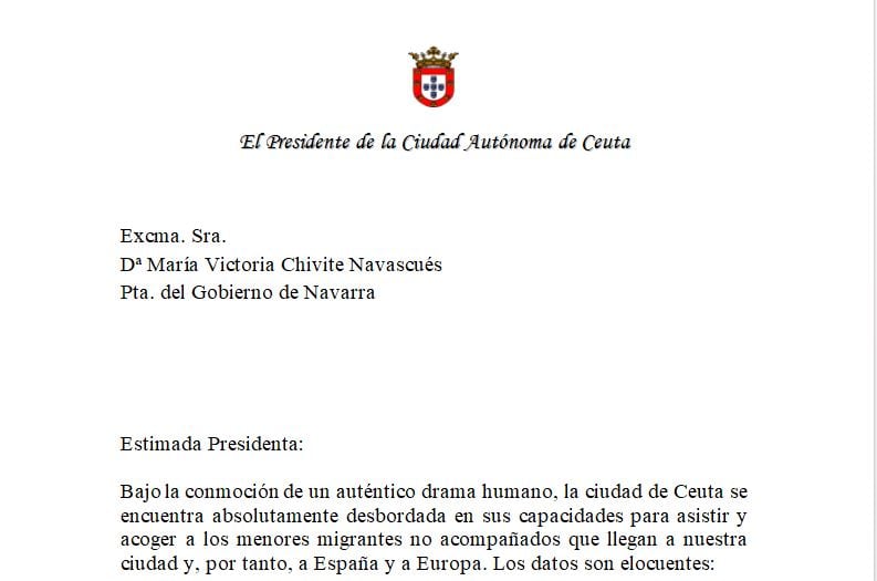 Carta del presidente de Ceuta a la presidenta de Navarra