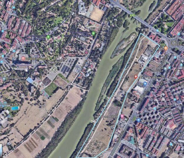 Imagen de satélite del Cordel de Écija, entre los puentes de San Rafael y de Andalucia