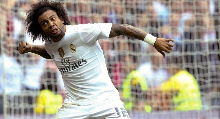 Marcelo celebra su gol en el Bernabéu