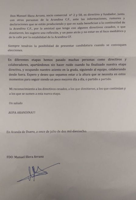 Carta emitida por el socio, ex directivo y fundador, Manuel Illera.