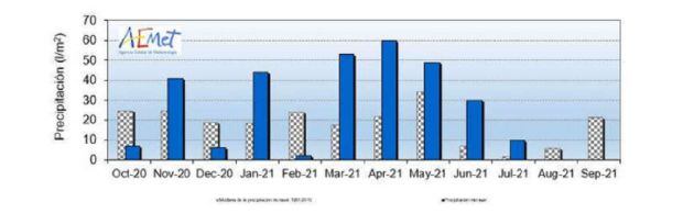 Precipitación media en la Región de Murcia en los meses de octubre de 2020a31 de julio de 2021(en azul), comparadas con la mediana de la serie histórica (en gris)