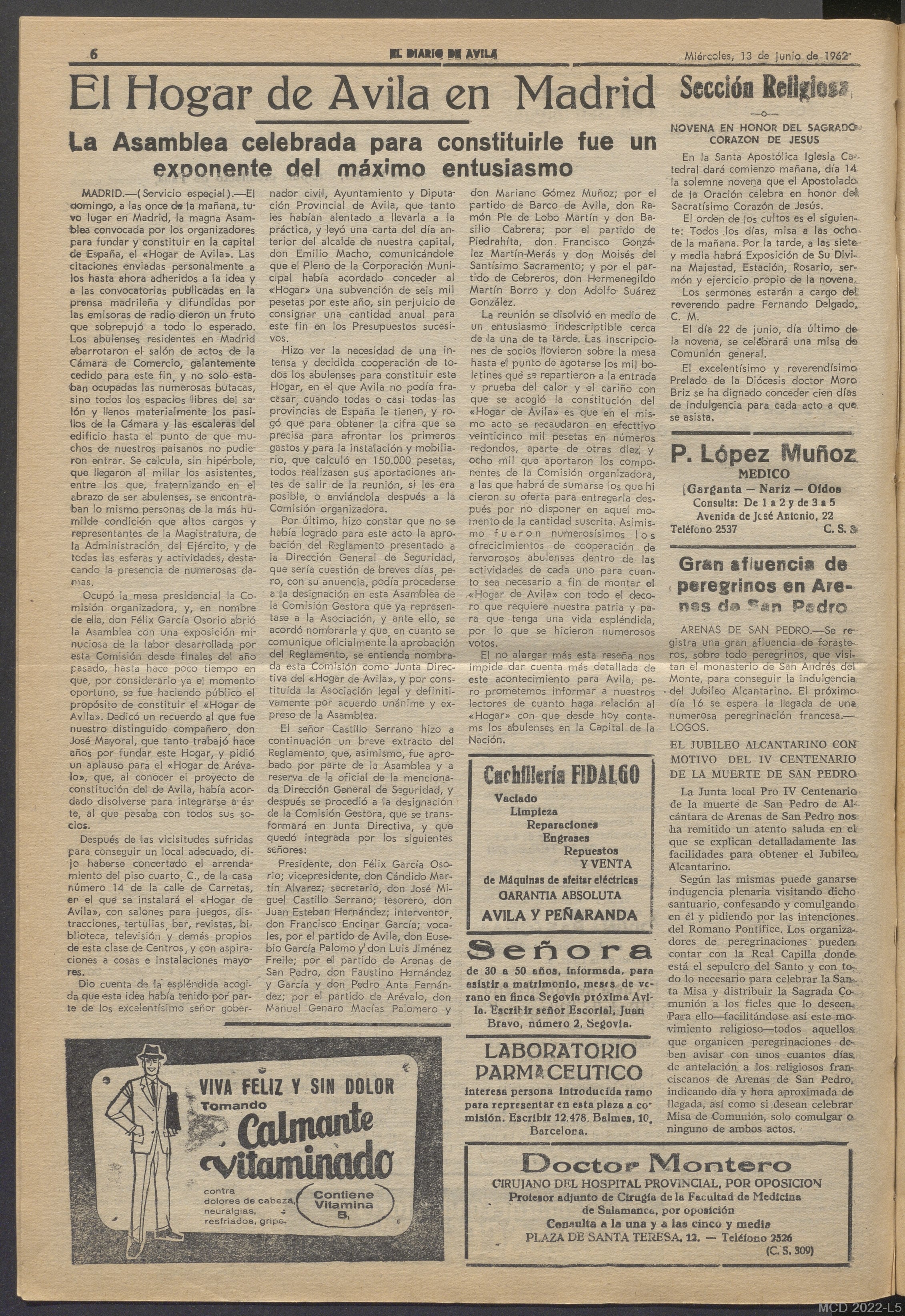 Página de El Diario de Ávila del 13 de junio de 1962 donde se informaba de la creación del Hogar