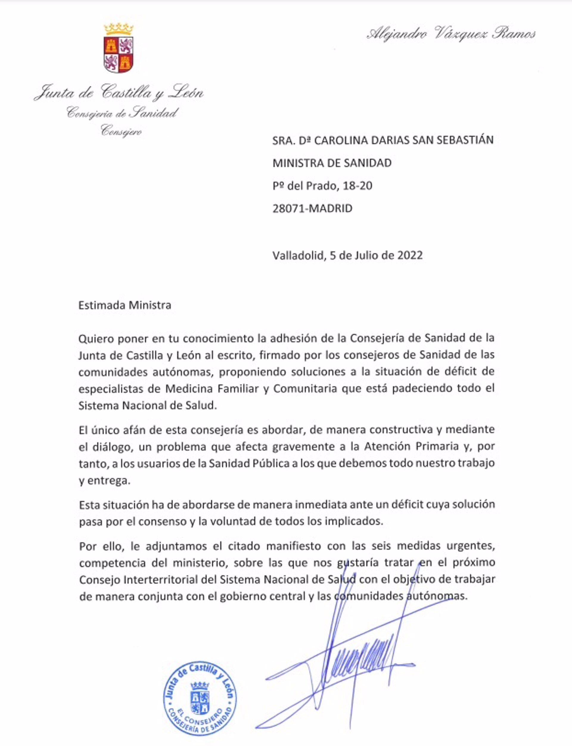 Carta del consejero de Sanidad a la ministra Darias