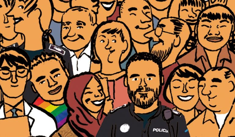 Parte del dibujo diseñado por Miguel Gallardo, destinado al grupo de gestión de la diversidad de la Policía Municipal.