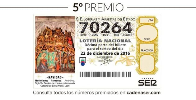 El 70264 quinto premio de la Loteria de Navidad 2016