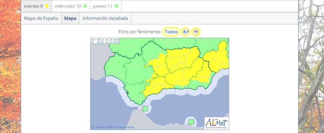 Mapa de Andalucía con aviso amarillo en la provincia de Jaén.