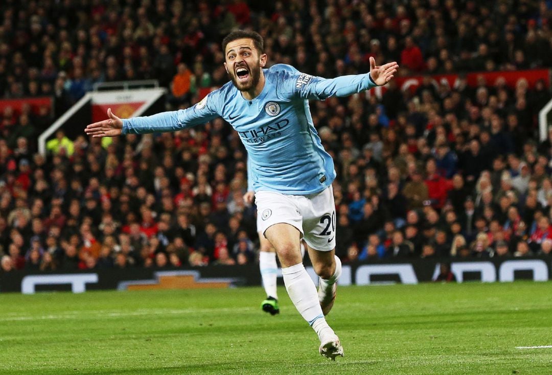 Bernardo Silva celebra el gol anotado en Old Trafford.