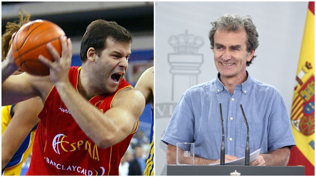 Alfonso Reyes, con la camiseta de la selección española de baloncesto en 2002; y Fernando Simón, director del Centro de Coordinación de Alertas y Emergencias Sanitarias