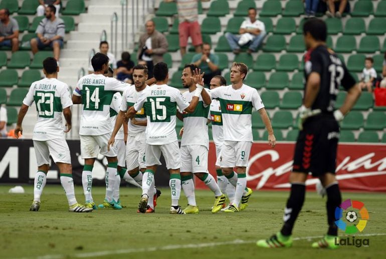 Los jugadores del Elche C.F. celebran uno de los goles al Nástic