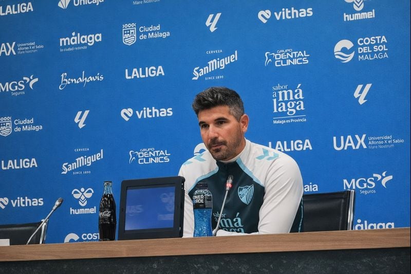 Juanfran Funes, en la sala de prensa Juan Cortés de La Rosaleda