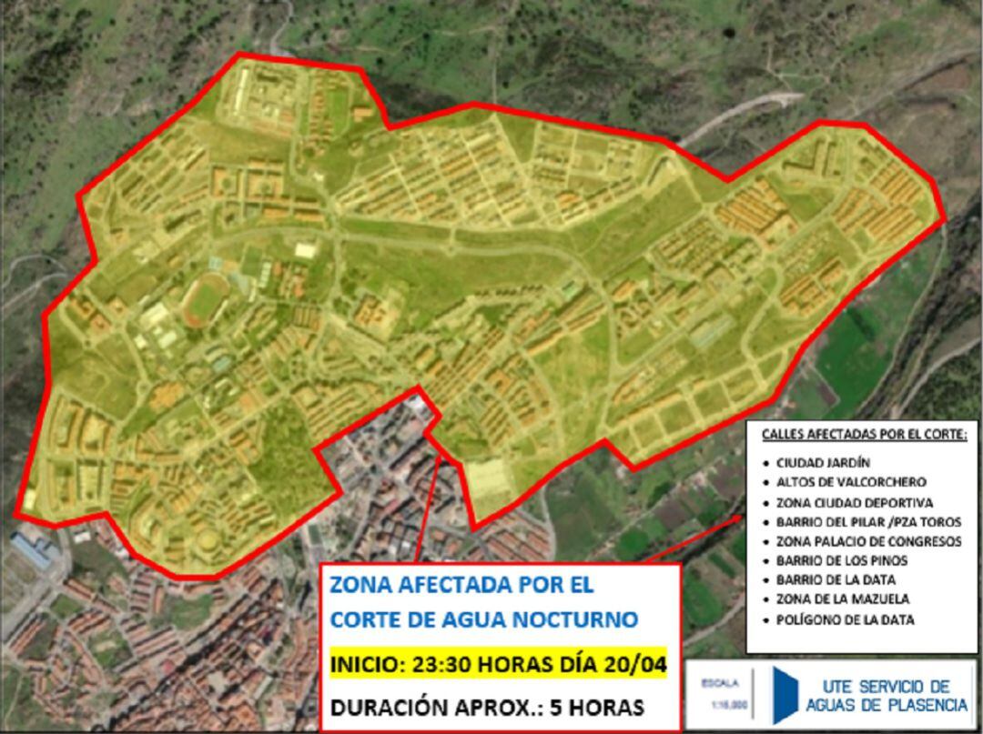 Plano de zona afectada por el corte de agua en la zona norte de la ciudad de Plasencia