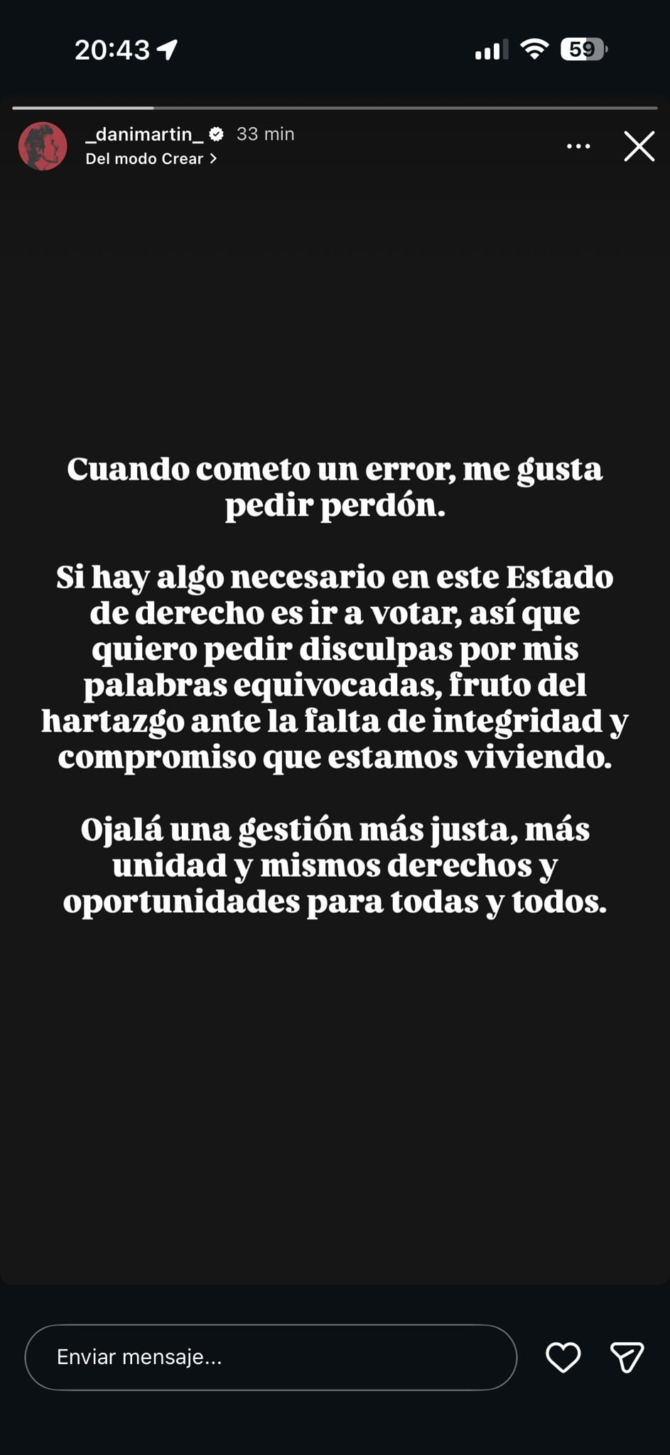 Dani Martín en su comunicado publicado en redes sociales / Instagram