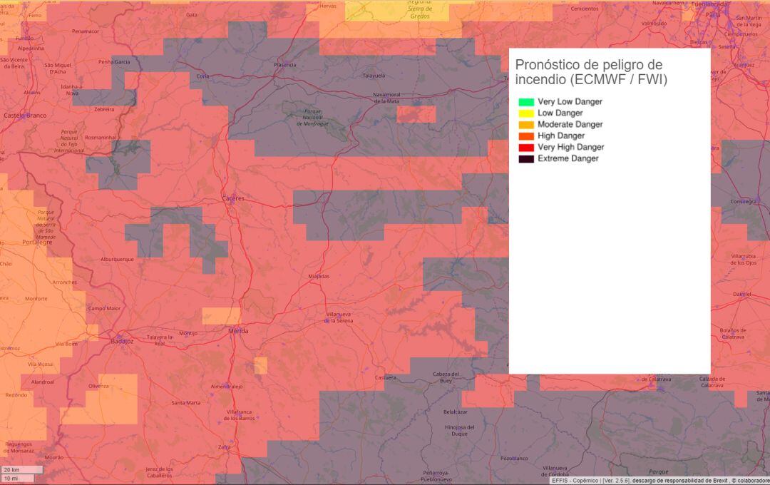 Situación de Peligro de Incendio forestal para Extremadura para el 22 de junio de 2020