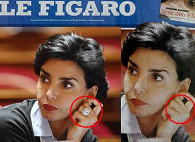 El diario conservador francés <a href=&quot;http://www.lefigaro.fr/&quot; target=&quot;_blank&quot;><i>Le Figaro</i> </a>ha reconocido que manipularon una fotografía de la ministra de Justicia, Rachida Dati, para ocultar el anillo valorado en 15.600 euros que llevaba en una foto publicada en la portada del rotativo.