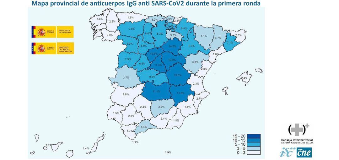 Mapa provincial de anticuerpos IgG anti SARS-CoV2d , según los datos del MInisterio de Sanidad y el Ministerio de Educación