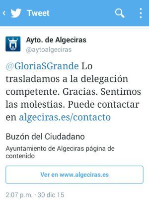 La respuesta del Aytuntamiento de Algeciras a la denuncia realizada por Gloria en un tuit.