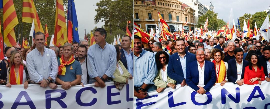 Cabecera de la marcha de Barcelona. A la izquierda la foto compartida en Twitter por el secretario general de Vox y a la derecha, la imagen distribuida por agencias