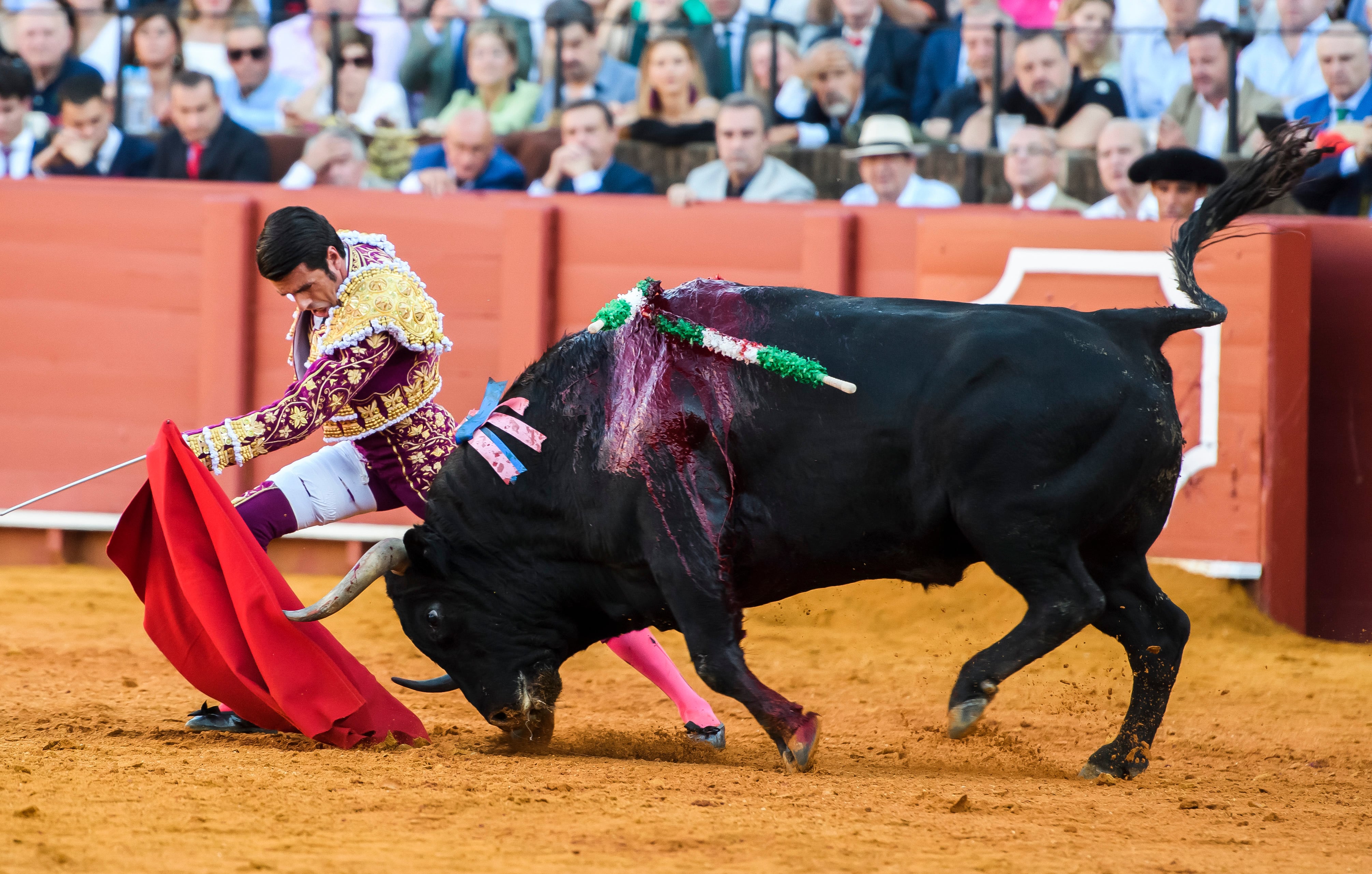 SEVILLA, 24/04/2023.- El diestro Emilio de Justo con su primer toro, esta tarde en la Plaza de la Maestranza de Sevilla, durante el ciclo continuado de festejos de Feria de Abril. EFE/ Raúl Caro
