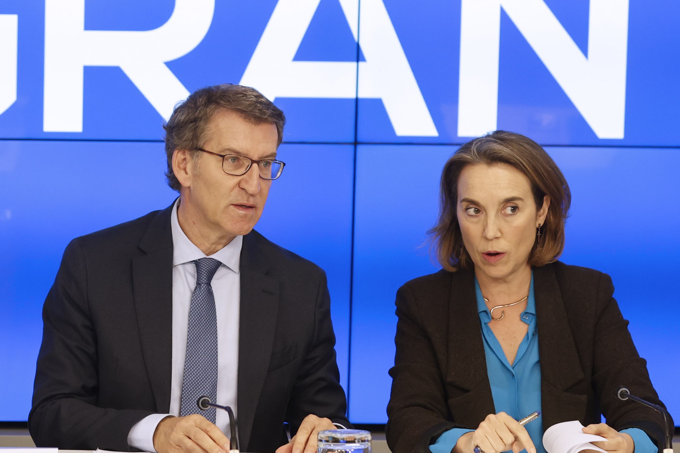 El presidente del Partido Popular, Alberto Núñez Feijóo, junto a la portavoz de la formación en el Congreso, Cuca Gamarra, preside la reunión del Comité Ejecutivo Nacional del PP, este lunes en Madrid.