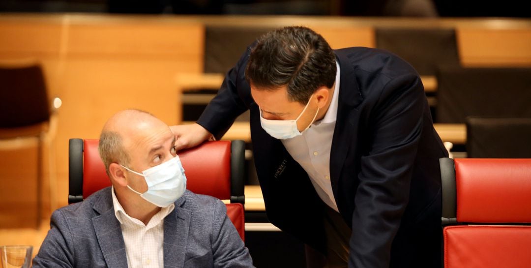 El portavoz del Grupo Cs, David Castaño, conversa con el portavoz del PP, Raúl de la Hoz, durante la Junta de Portavoces de las Cortes