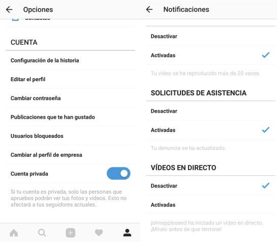 Para desactivar las notificaciones hay que acceder a las opciones de la cuenta.