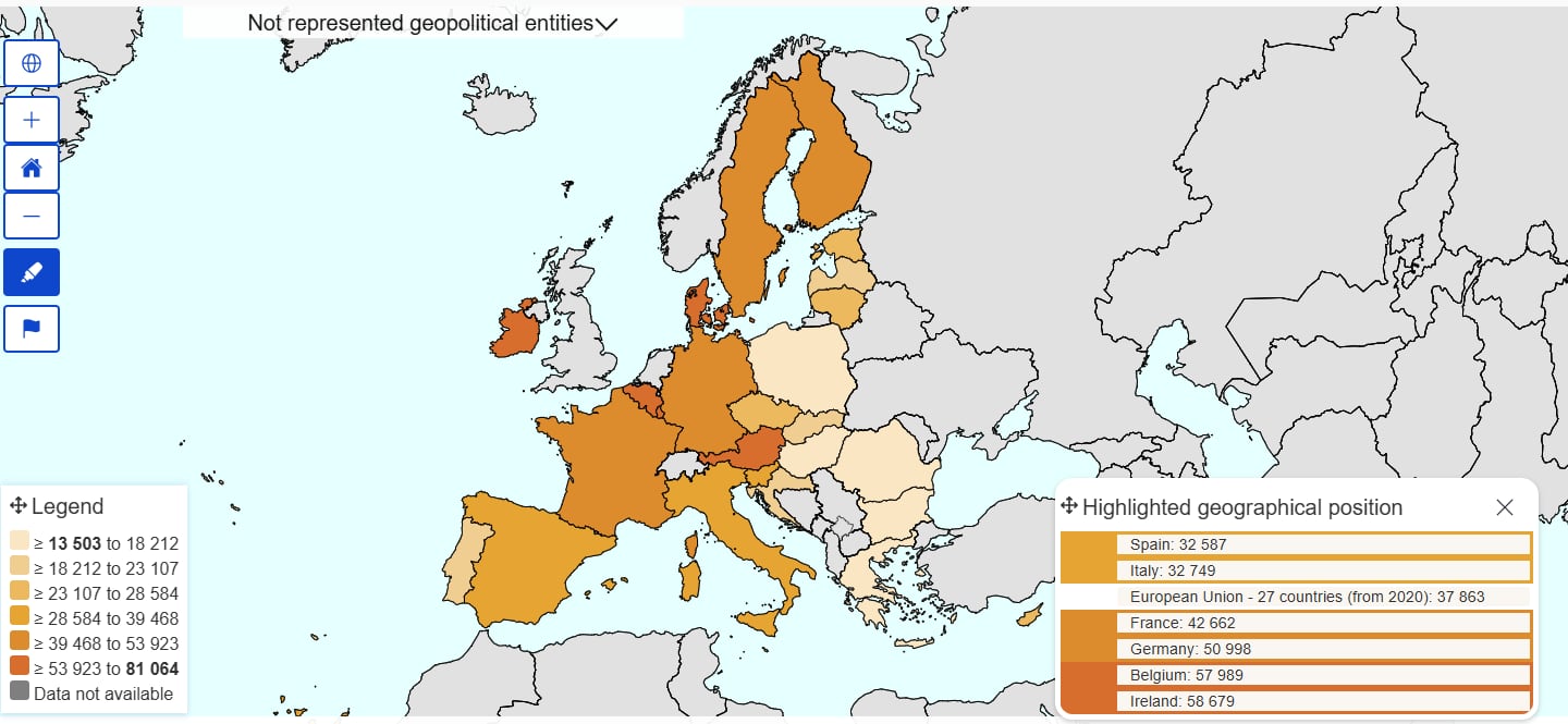 Mapa de Europa con el salario medio anual registrado en 2023