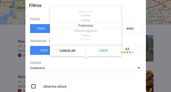 La nueva función permite escoger restaurantes por tipo