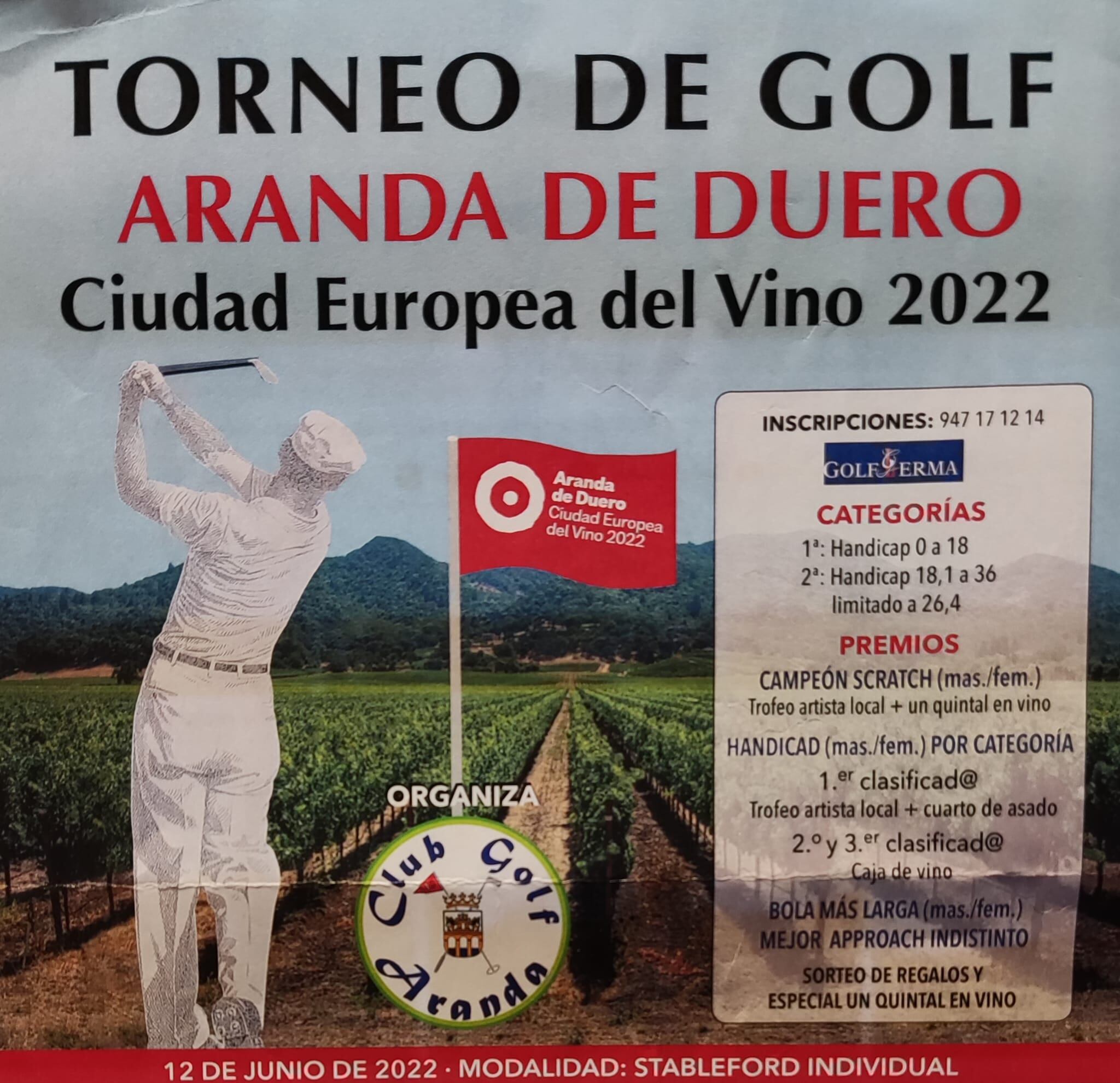 Cartel del próximo torneo de golf Aranda de Duero Ciudad Europea del Vino 2022