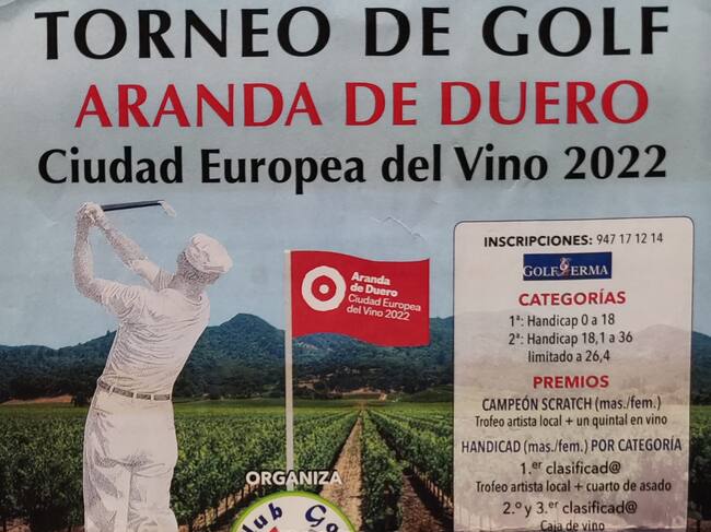 Cartel del próximo torneo de golf Aranda de Duero Ciudad Europea del Vino 2022
