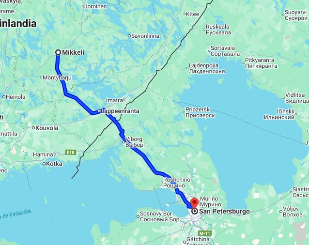 Distancia desde la base de Mikkeli en Finlandia (a la izquierda) hasta la ciudad rusa de San Petersburgo