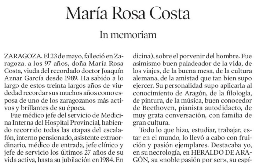 Inicio de la necrológica en memoria de María Rosa Costa, en la que su autor olvida hablar sobre la propia protagonista fallecida.