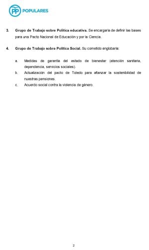 Grupos de trabajo propuestos por el PP para negociar con PSOE y Ciudadanos (2/2).