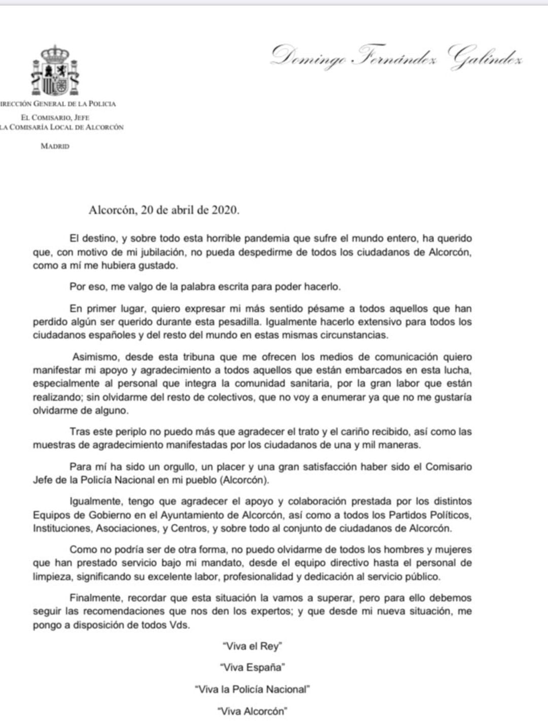 Carta de despedida del comisario de Policía Nacional de Alcorcón