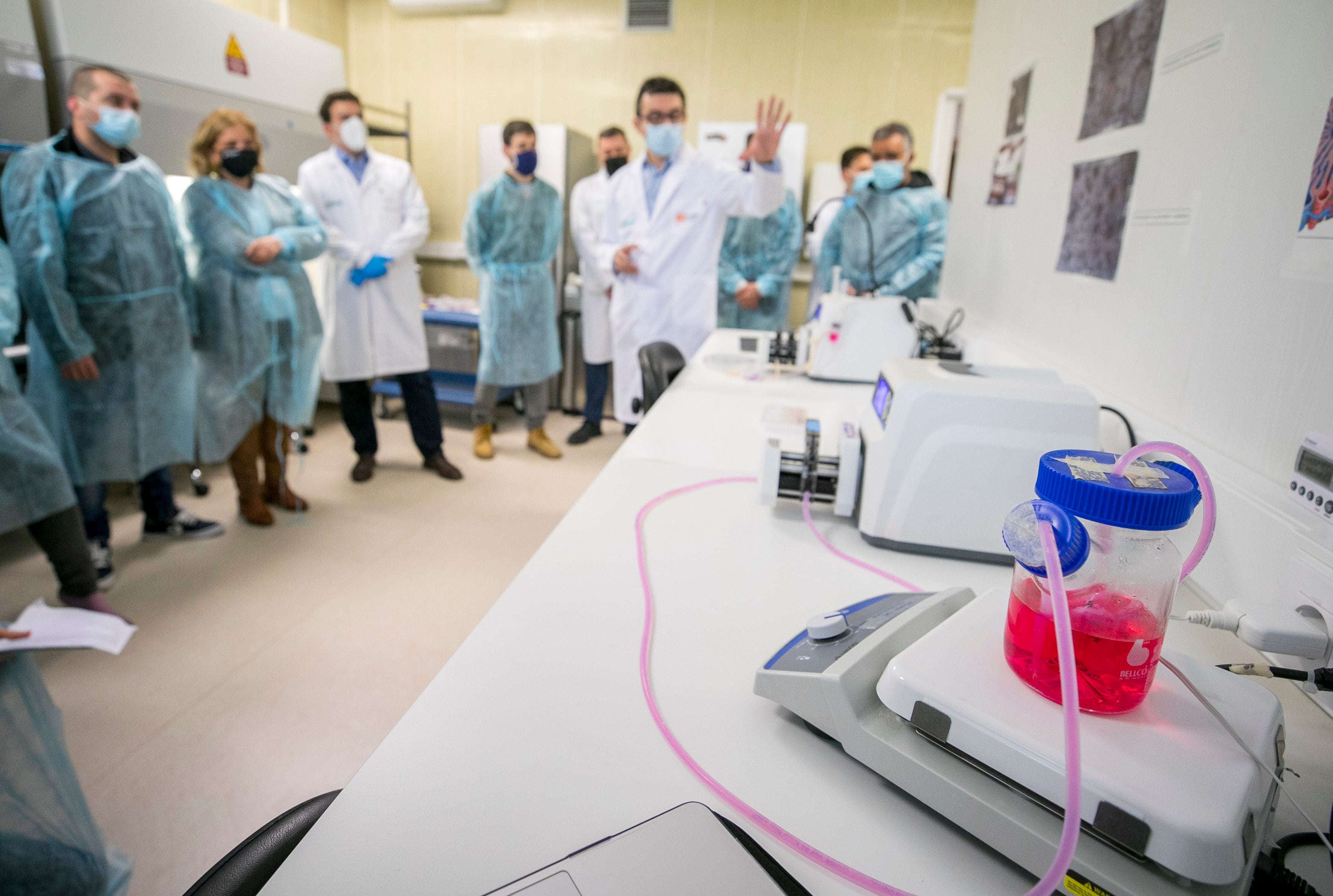 ZARAGOZA, 18/03/2022.-El investigador Pedro Baptista explica su trabajo sobre órganos generados por bioingeniería, a partir de células pluripotenciales tanto de pulmón (para investigar nuevos tratamientos contra la covid) como de hígado (para su uso en trasplantes) o de cerebro (para diseñar nuevas estrategias de detección de tumores cerebrales). Investigadores de la Universidad de Zaragoza avanzan en el desarrollo de proyectos punteros en biomedicina para el tratamiento de la covid, el diagnóstico no invasivo de tumores y el diseño de antibióticos contra la tuberculosis sin servirse del uso de animales para la experimentación.- EFE/Javier Cebollada
