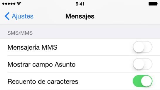 La configuración de mensajes del iPhone permite desactivar los MMS y recontar los caracteres