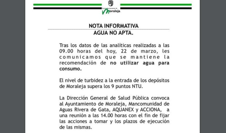 Nota informativa del Ayuntamiento de Moraleja indicando que el agua del grifo sigue sin ser apta para el consumo humano