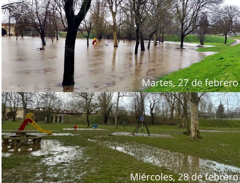 El río Zadorra a su paso por Abetxuko, antes y después de las intensas lluvias del martes