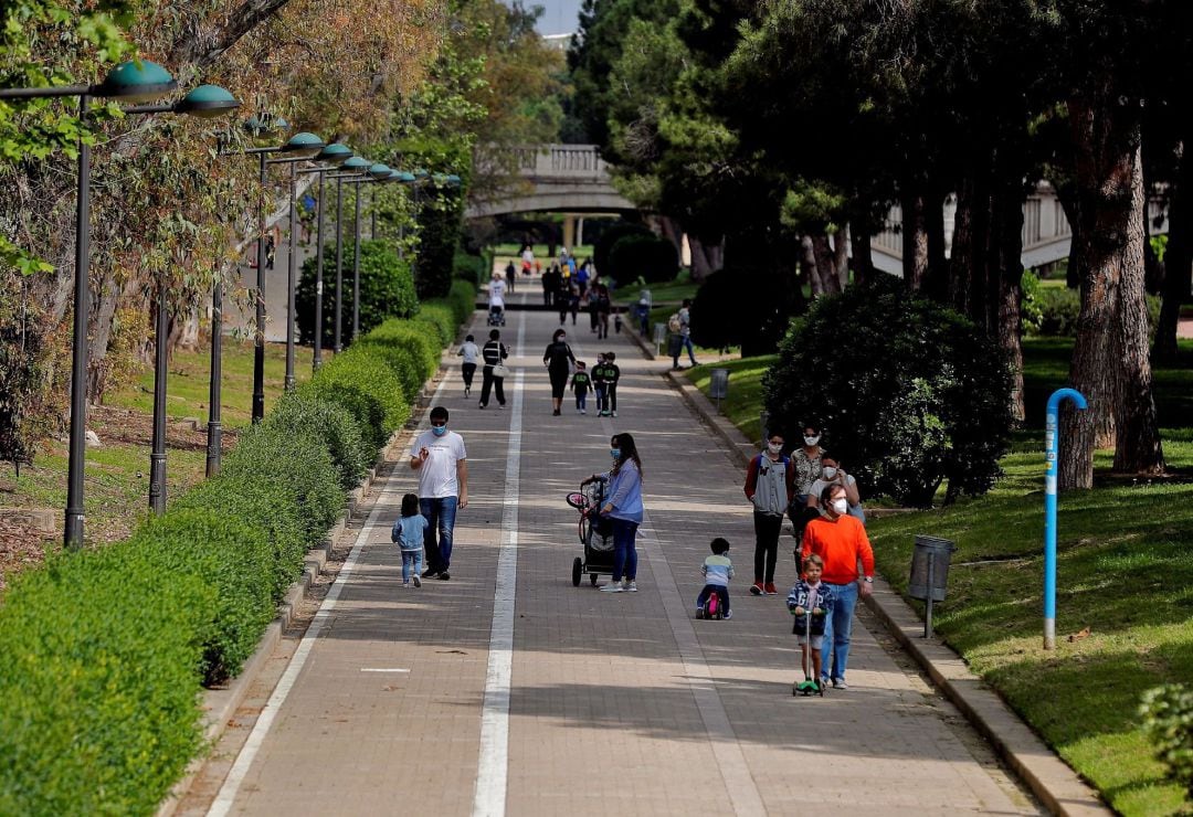 Numerosas familias han bajado al jardín del rio Turia, en el cuadragésimo tercer día del estado de alarma, en el que por primer vez los niños han podido volver a pasear por las calles de la ciudad