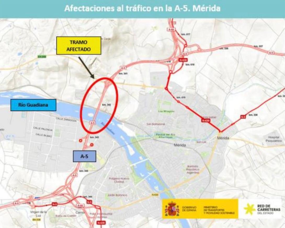 Ubicación de los viaductos de la A-5 en Mérida