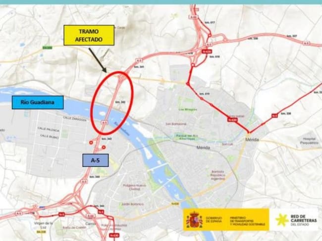 Ubicación de los viaductos de la A-5 en Mérida
