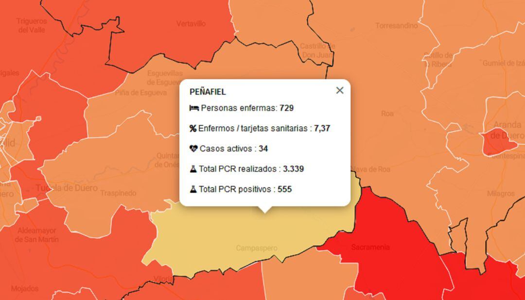 Mapa del Servicio de Epidemiología de la Junta respecto a los datos actualizados en la Zona Básica de Salud de Peñafiel.