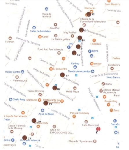 Puntos de instalación de algunas de estas losetas en el centro de Valencia