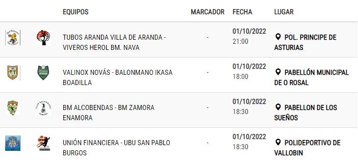 Tabla de encuentros de la 3º jornada en el Grupo A de la División de Honor Plata